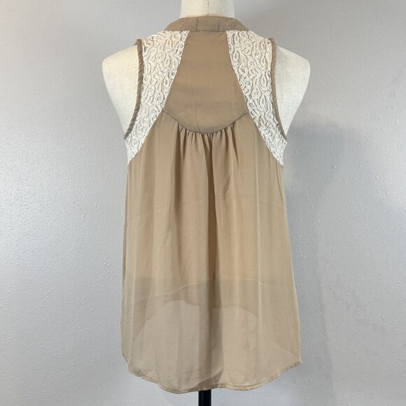 Not Forever Semi-Sheer Beige Lace Accent Sleeveless Blouse Lightweight Size M - Picture 2 of 12